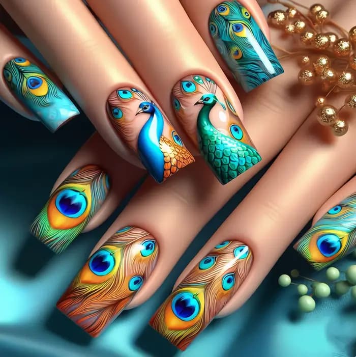 Faux Ongles Mi-Longs à la Mode, Papillon, Plume, Forêt, Vague de Mer, Dégradé, Bleu, Violet, Vert, P