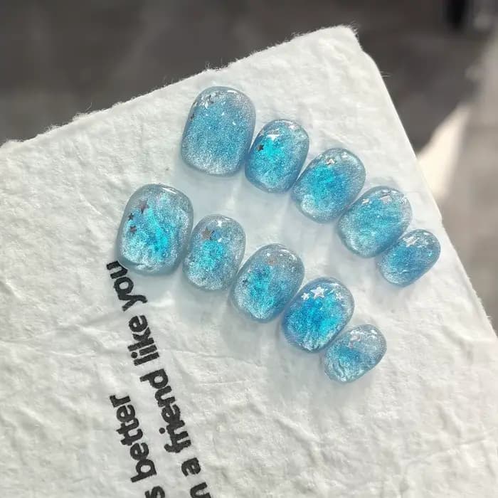 Faux ongles à pression faits à la main, bleu glace, étoile d'océan, Texture transparente, pour femme