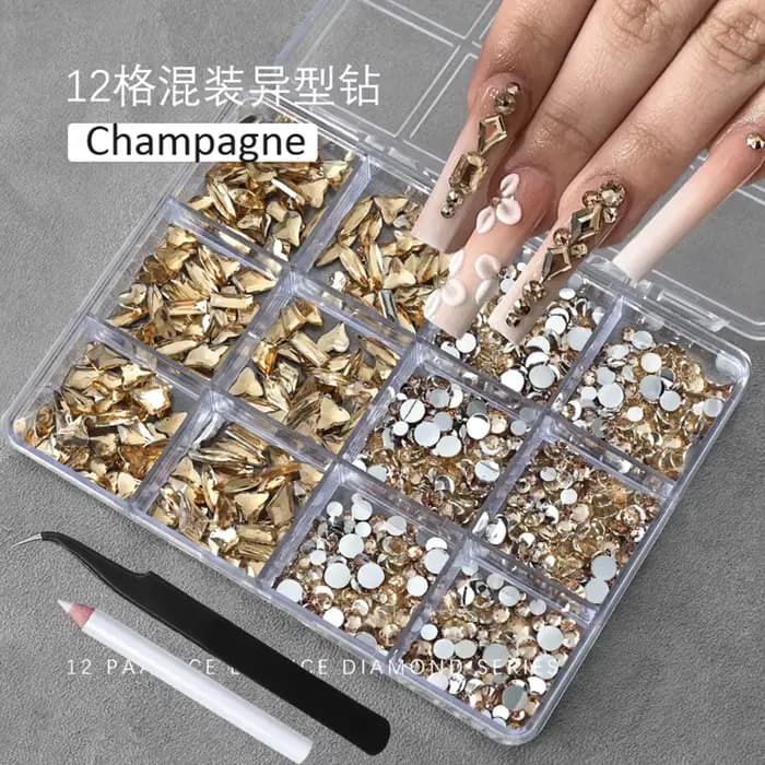 12 grilles 3D Champagne or Nail Art strass multi-formes Flatback cristal diamant breloques pour ongl