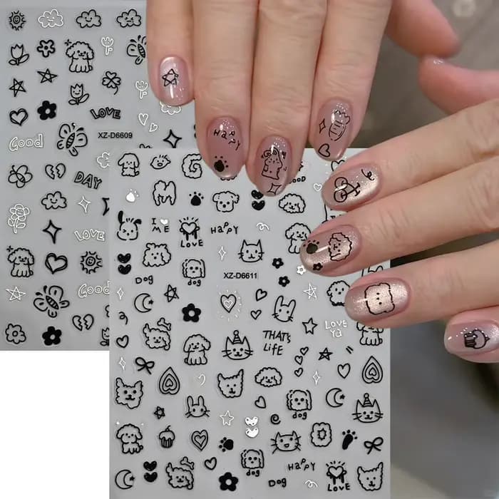 Ensemble d'autocollants pour ongles chat noir, 12 feuilles, dessin animé, Action Multiple, Kawaii, c