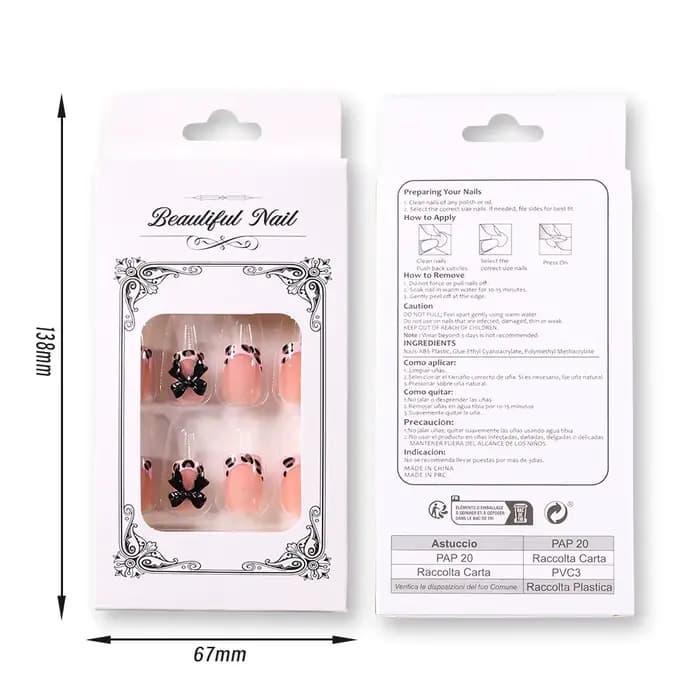 24 faux ongles courts carrés à imprimé léopard rose, avec nœud papillon noir 3D, en acrylique, à pre