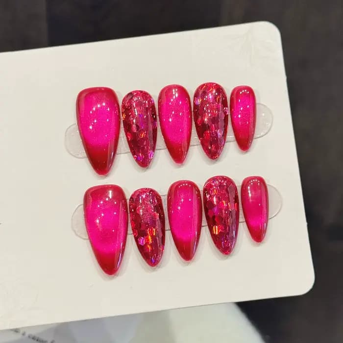 10 pièces Rose rouge oeil de chat presse sur ongles solide Pitaya couleur amande à la main faux ongl