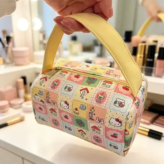 Sac de maquillage imprimé Hello Kitty, trousse à cosmétiques portable de dessin animé, sac de rangem