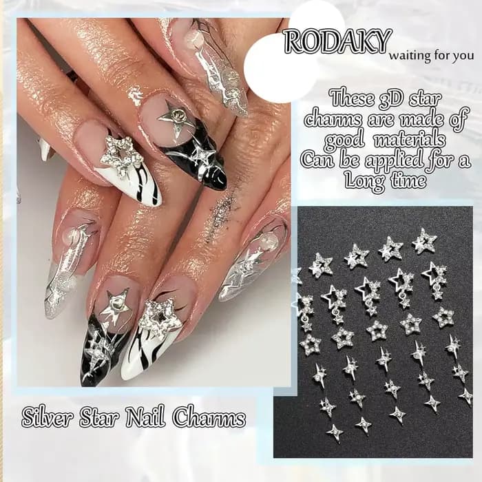 Breloques pour ongles en forme d'étoile argentée, 30 pièces, étoiles 3D brillantes, gemmes pour ongl