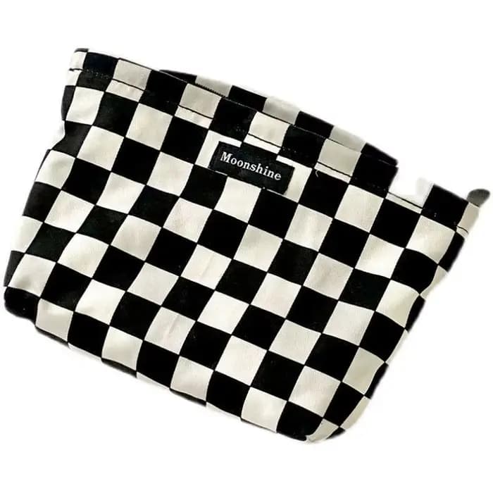 Sac à cosmétiques à carreaux noir et blanc, sac de rangement de cosmétiques de grande capacité, trou