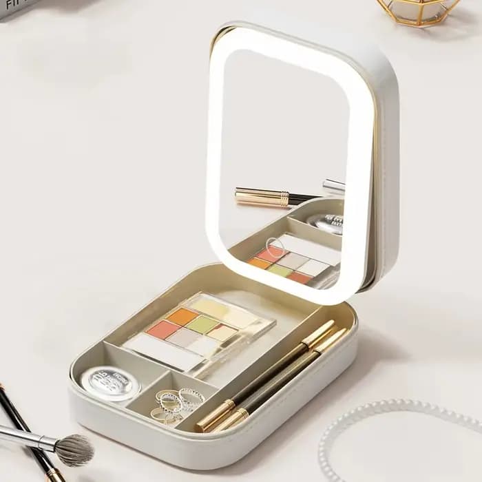 Boîte de rangement de maquillage miroir LED, boîte de rangement de cosmétiques, sac de maquillage de