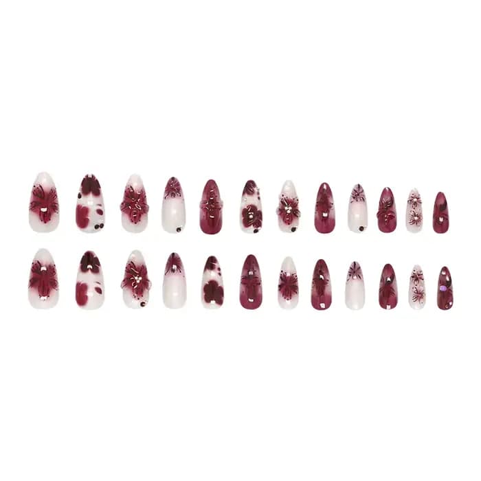 24 pièces fleur impression presse sur ongles vin rouge Blush amande faux ongles conseils portable ré