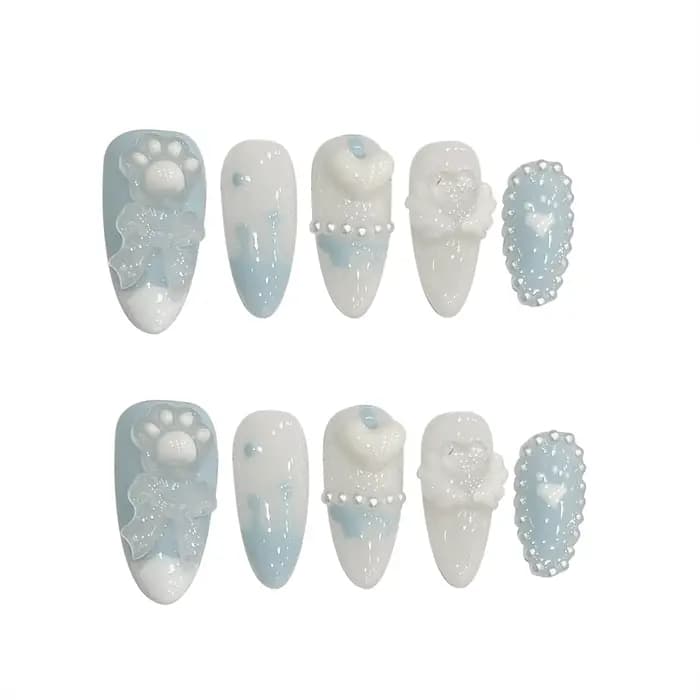 Faux Ongles à Pression Fait à la Main, Design de Patte d'Ours Mignon, Bleu Clair, Couverture Complèt