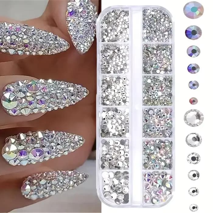 Boîte de strass 3D à dos plat pour ongles, gemmes en verre AB et cristal clair, Kit de breloques pou