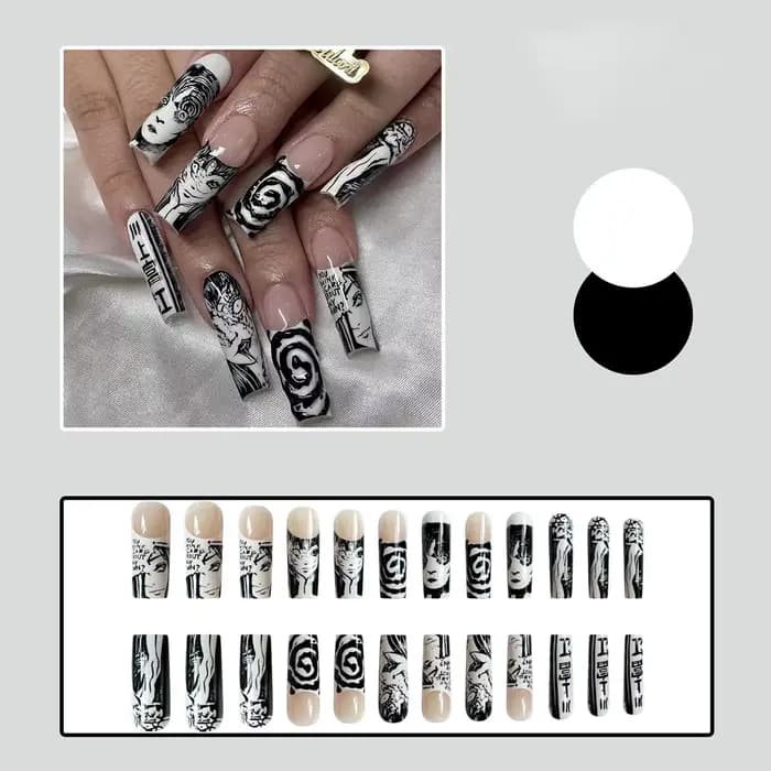 Conseils français presse sur ongles longs faux ongles noir blanc Anime bande dessinée conception cou