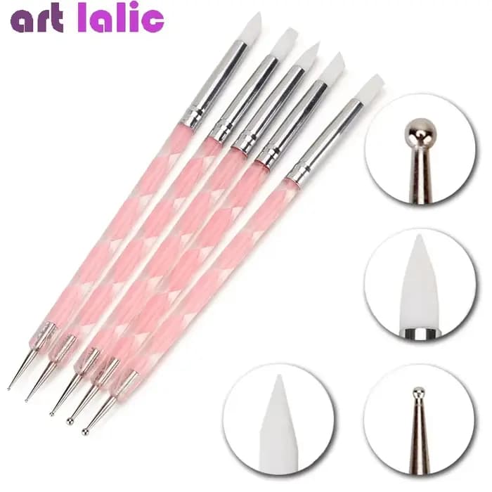 5 pièces 2 voies Nail Art acrylique Silicone pointe fleur stylo à ongles en acier inoxydable outils 