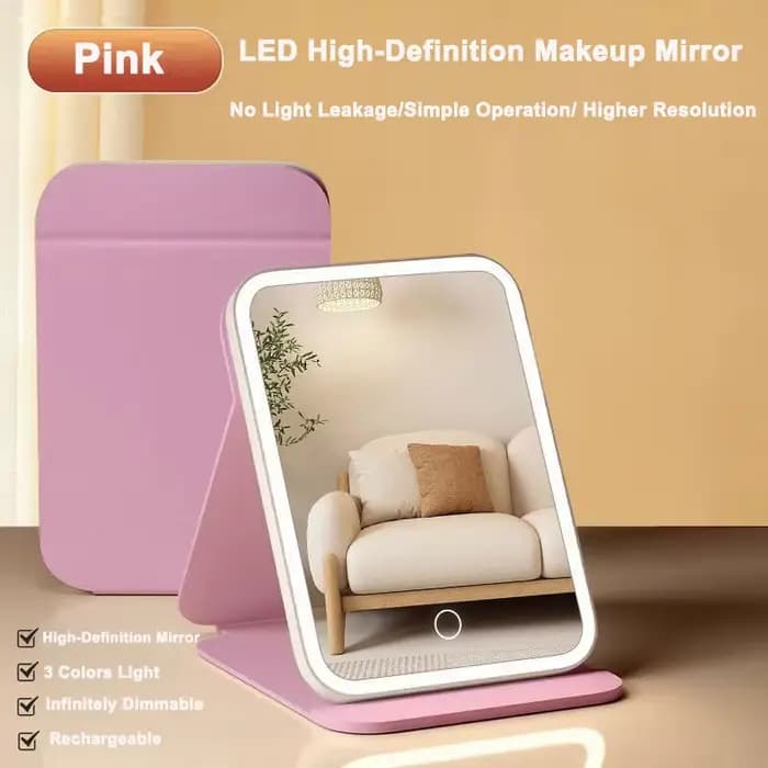 Miroir de maquillage LED avec revêtement en cuir, 3 couleurs, écran tactile, rechargeable par USB, 3
