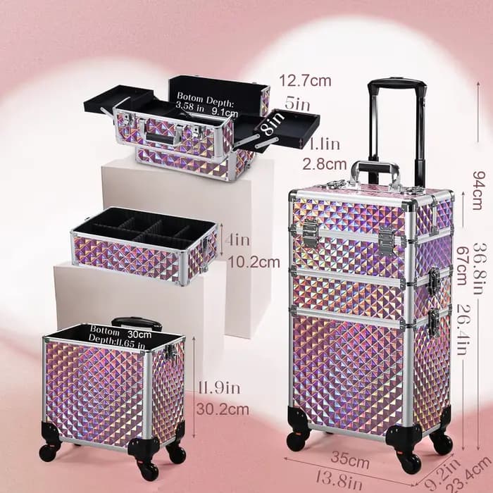 Valise de maquillage professionnelle 3 en 1 en aluminium avec roulettes, chariot de maquillage, vali