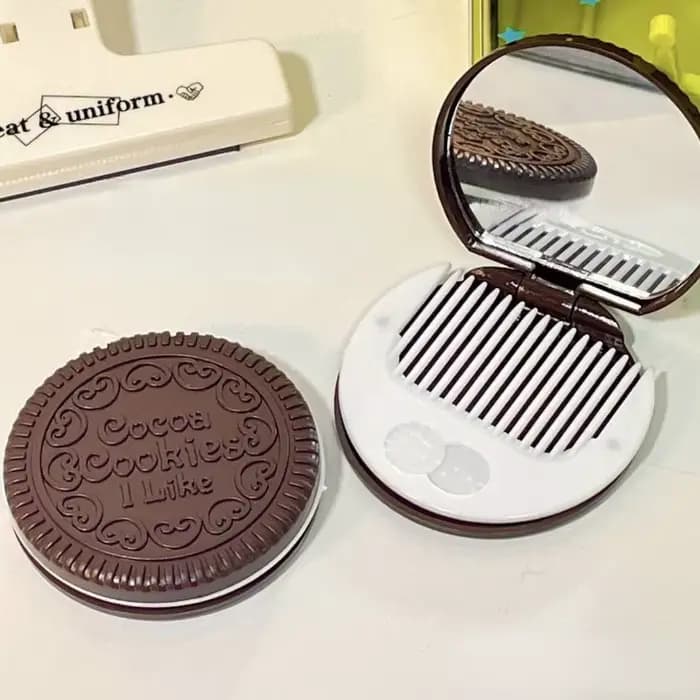 Miroir de maquillage rond pliant Biscuit au chocolat Ins Kawai miroirs de poche extérieurs femmes pe