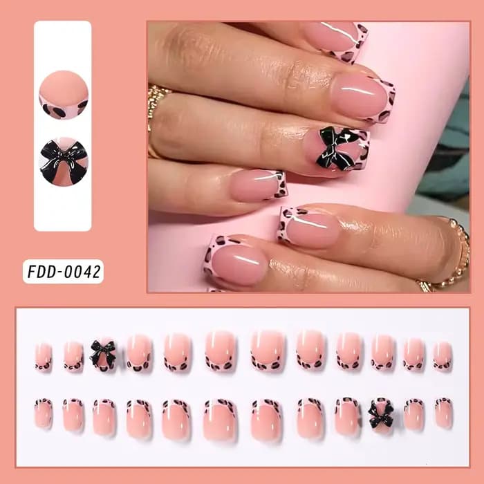 24 faux ongles courts carrés à imprimé léopard rose, avec nœud papillon noir 3D, en acrylique, à pre