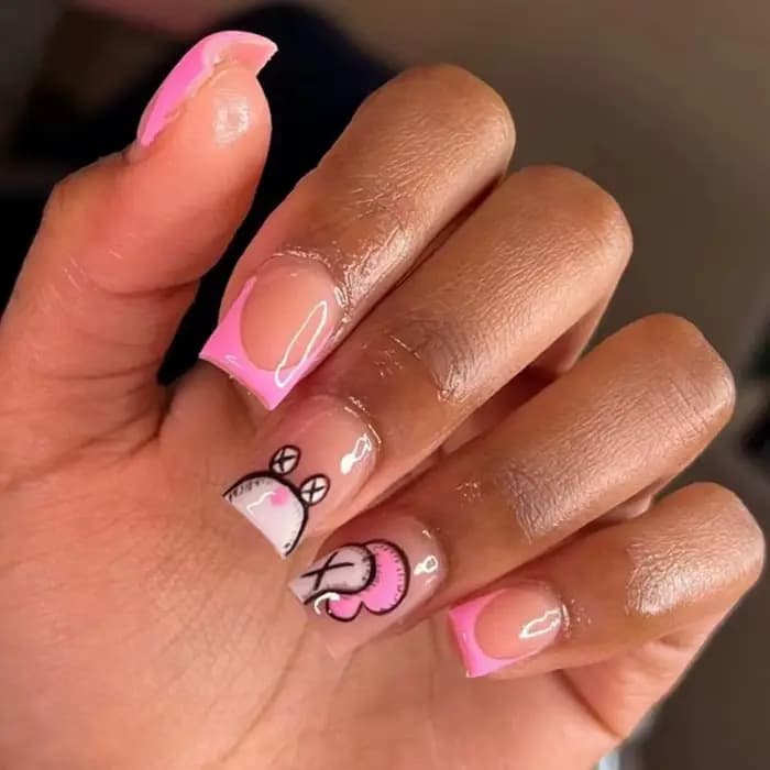Faux ongles français dessin animé, 24 pièces, carré court, rose, escargot, couverture complète, poig