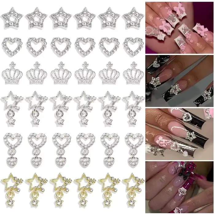 Couronne de cœur exquise 3D, strass à cinq branches, breloques pour ongles, bijoux de luxe en or/arg