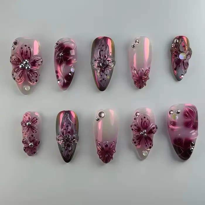 24 pièces fleur impression presse sur ongles vin rouge Blush amande faux ongles conseils portable ré