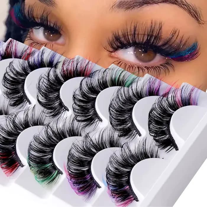 7 paires de cils colorés moelleux Faux cils de vison avec couleur, Volume de boucle D dramatique Lon