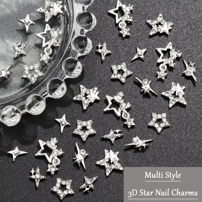 Breloques pour ongles en forme d'étoile argentée, 30 pièces, étoiles 3D brillantes, gemmes pour ongl