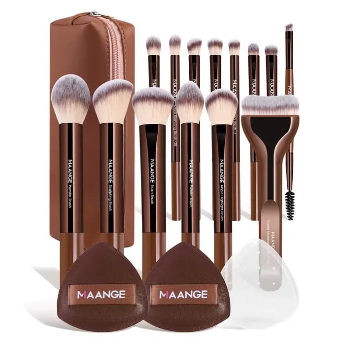 MAANGE – 14 pinceaux de maquillage avec 2 houppettes à coussin d'air, pinceau fond de teint, pinceau