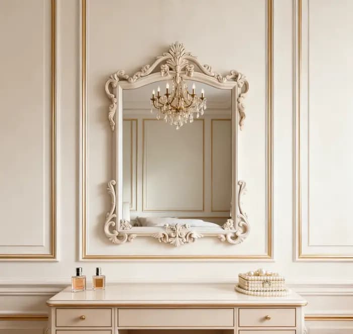 Miroir de salle de bain LED lumineux, irrégulier, mural, intelligent, en bois baroque orné, style vi