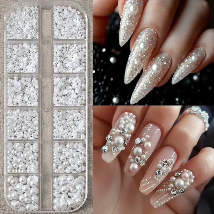 12 grilles de perles blanches 3D, breloques pour ongles, 1.5-5mm, perles rondes/demi-rondes, strass,