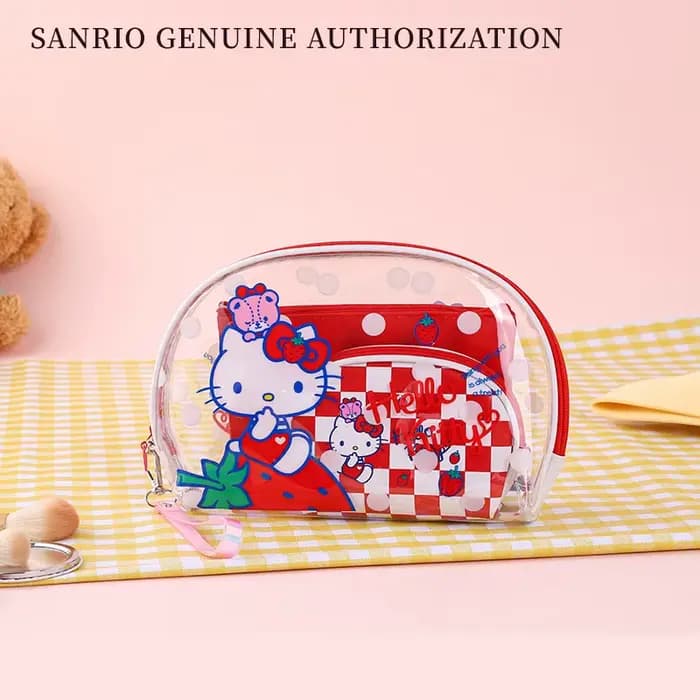 Ensemble de sacs de maquillage Kawaii Sanrio 3 en 1, Hello Kitty Kuromi, pochette de rangement trans