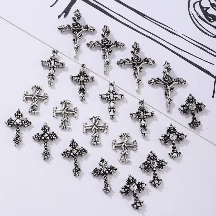 Décoration d'ongles en forme de croix de vent punk argenté antique, strass en alliage, style métal y