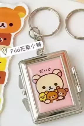 Porte-clés miroir de maquillage double face, cadre métallique Rilakkuma japonais original, miroir co