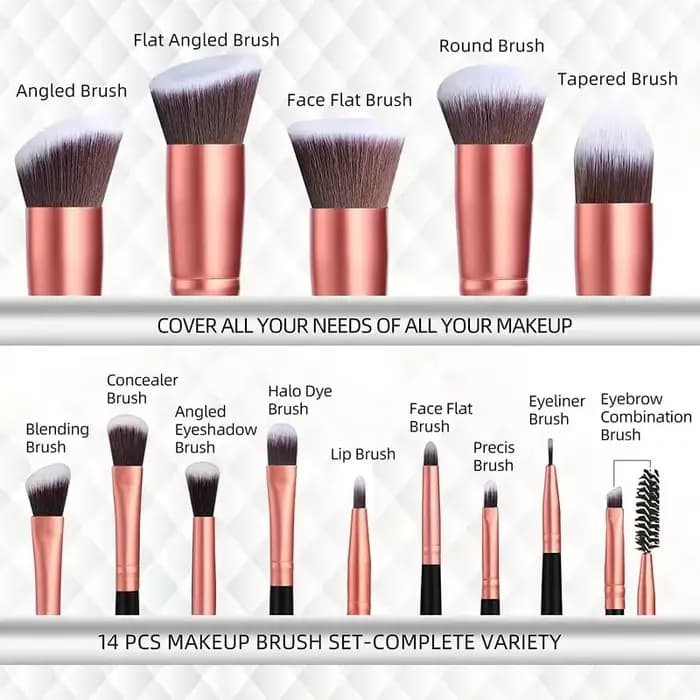 Ensemble de 14 pinceaux de maquillage professionnels pour fond de teint, fard à paupières, anticerne