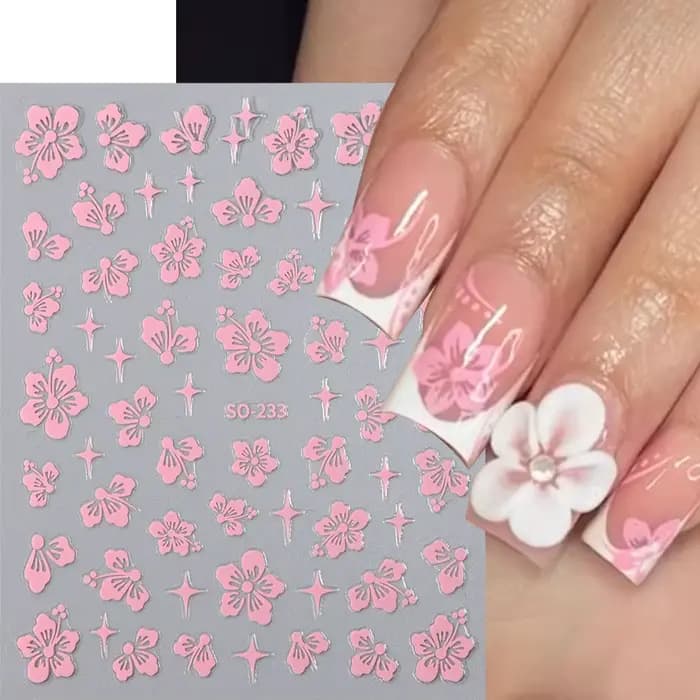 Autocollants 3D en forme de fleur d'hibiscus pour nail art, décalcomanies florales blanches, roses, 