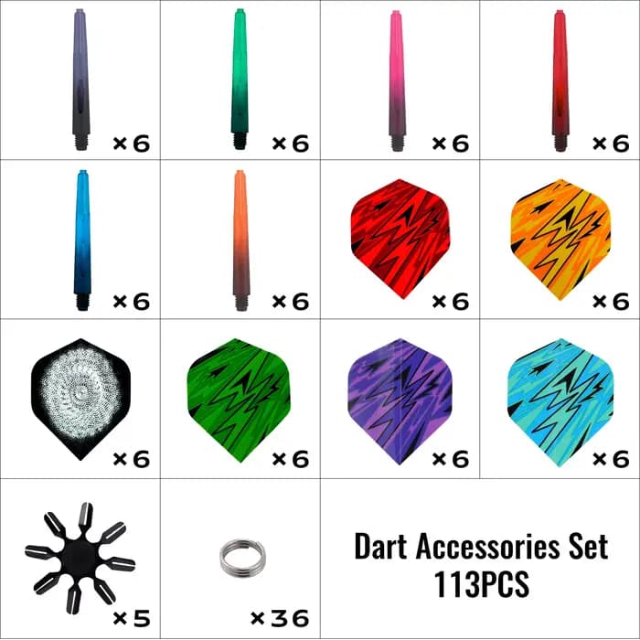 Le ensemble d'accessoires pour fléchettes Huanqu113 comprend : 36 vols pour fléchettes, 36 arbres po