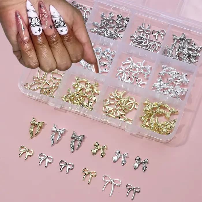 96/50 pièces 3D nœud papillon/ruban métal Nail Art breloques argent/or alliage arcs ongles strass dé