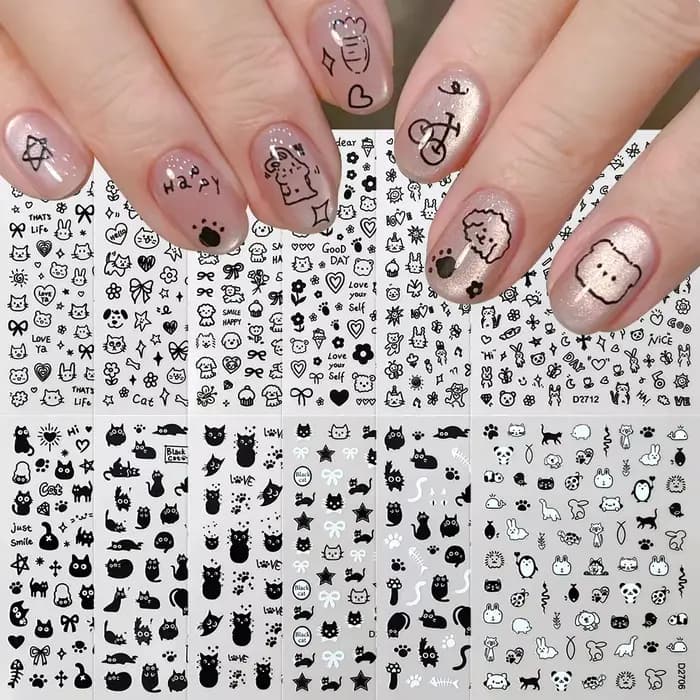 Ensemble d'autocollants pour ongles chat noir, 12 feuilles, dessin animé, Action Multiple, Kawaii, c