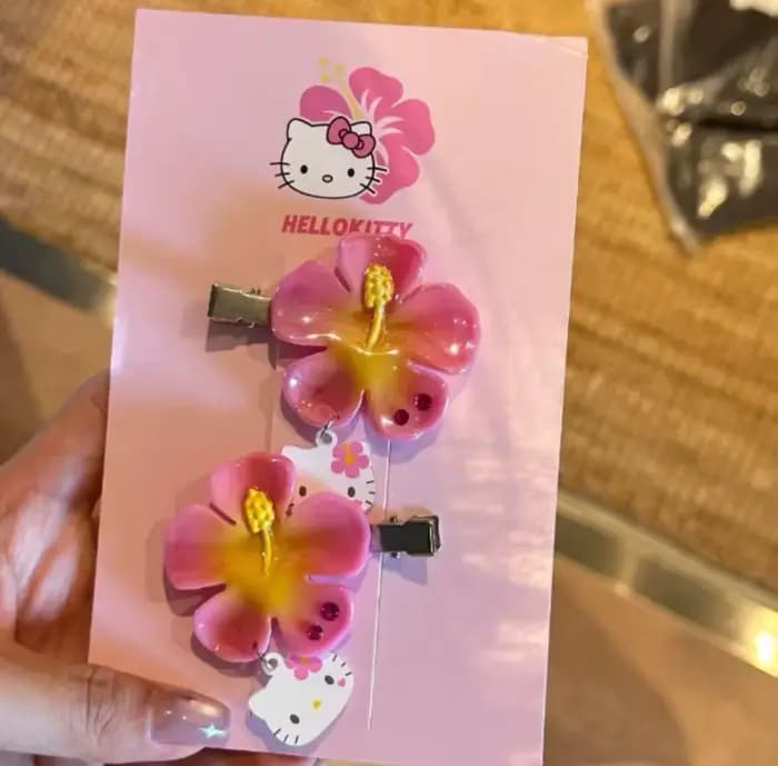 Ensemble de pinces à cheveux Kawaii Sanrio Hello Kitty, fleurs, rose, hibiscus, accessoires pour che
