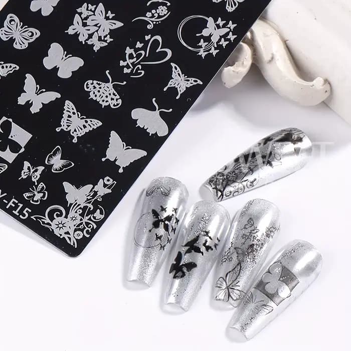 Plaque d'estampage pour Nail Art, feuilles de fleurs simples, cadre Floral papillon, Image géométriq