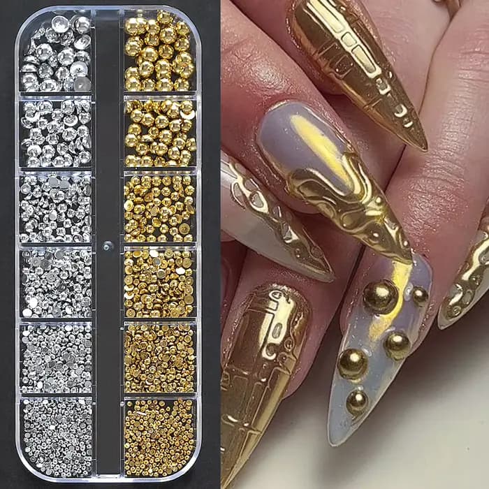 12 grilles de perles de Caviar 3D pour ongles, breloques en métal or argent, bijoux, boules en acier