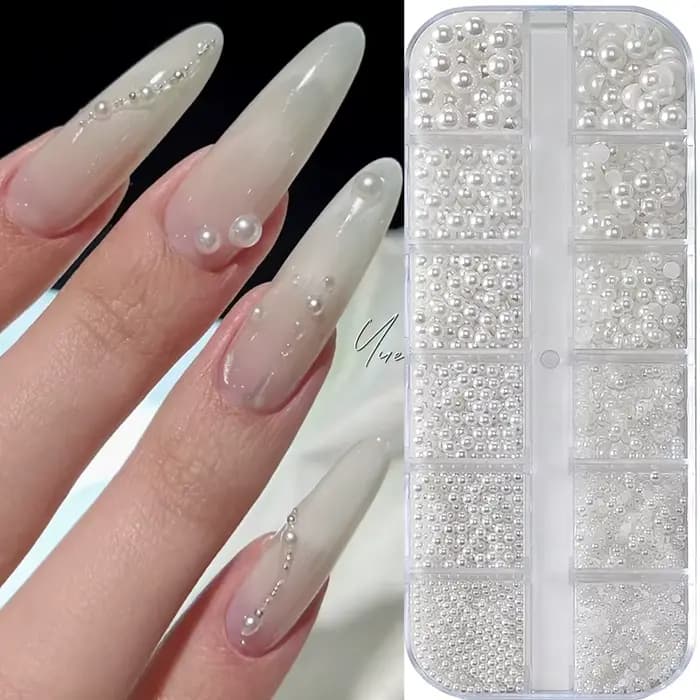 12 grilles mixtes de perles blanches pour ongles, breloques rondes ou demi-cercles 3D, strass pour N