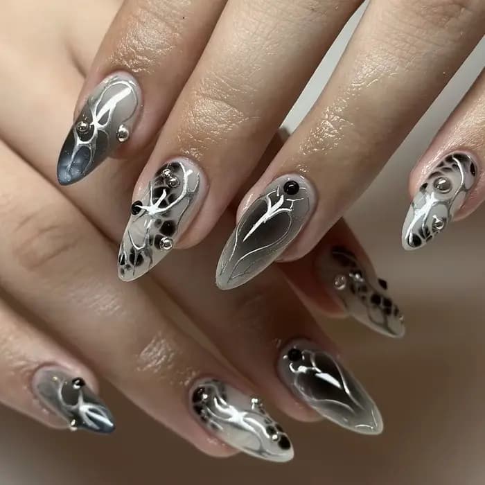 24 pièces faux ongles fille épicée arc argenté avec diamant faux ongles avec colle amande presse sur