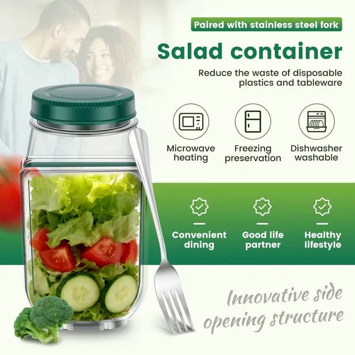 Boîte à salade en plastique anti-fuite avec couvercle à ouverture latérale, compartimentée, portable, pour petit-déjeuner, fruits, pique-nique
