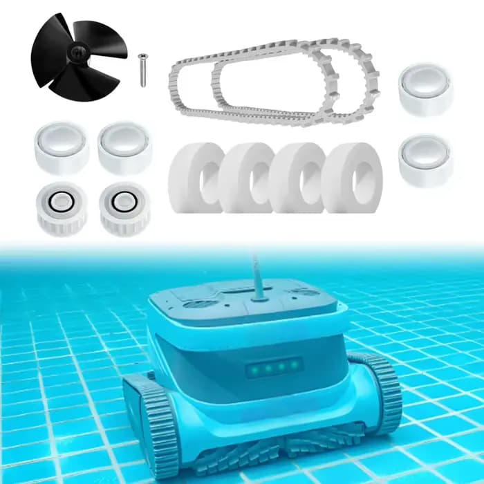 Kit de remplacement essentiel pour les robots nettoyeurs de piscine Dolphin, comprenant l'impeller 9995266, la courroie R1 9985006, la roue R2 6101611, ainsi que les pièces R4 et R6.