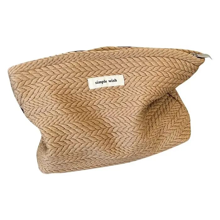 Trousse de maquillage en tissu tissé pour femmes, couleur unie, pochette à cosmétiques de grande capacité, petit organisateur, trousse de beauté à fermeture éclair pour l'extérieur