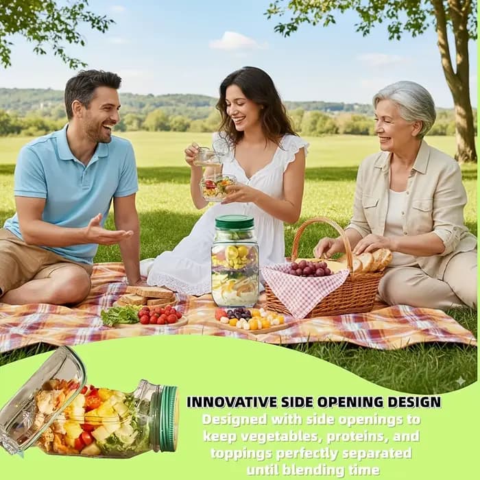 Conteneur à salade de haute qualité, durable avec couvercle à ouverture latérale et compartiment à condiments anti-fuite.
