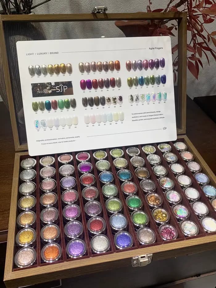 70 couleurs de poudre de miroir magique de vernis à ongles haut de gamme, poudre de vernis à ongles opale, rose clair de lune, avec échantillons de couleurs et verre st