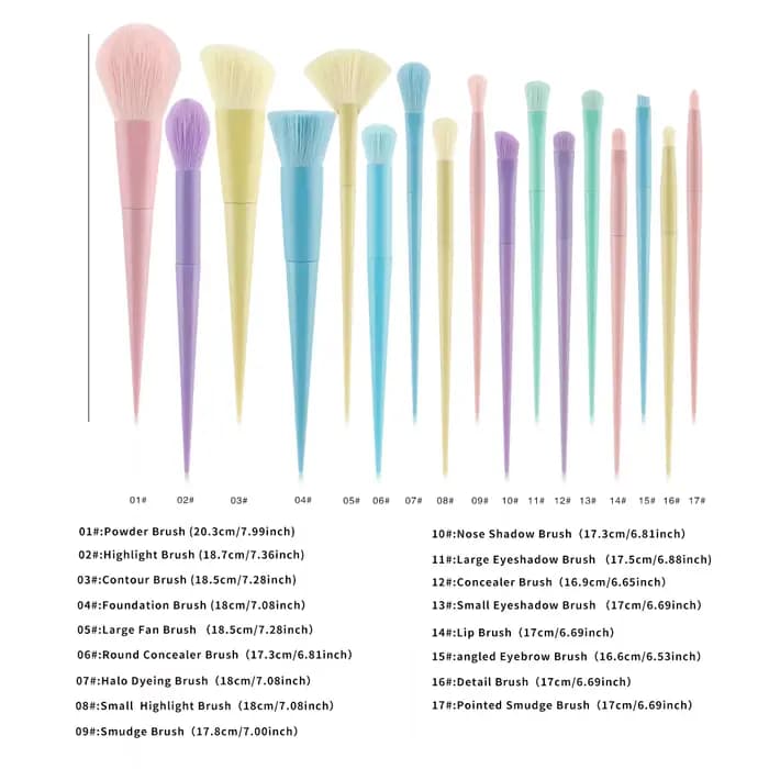 17 pinceaux de maquillage multicolores