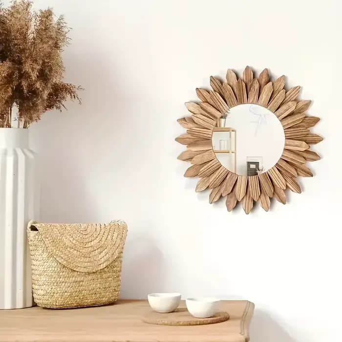 Miroir de maquillage mural chic en forme de tournesol - Cadre rond en bois