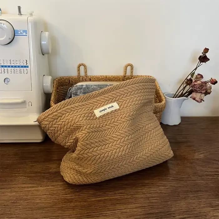 Trousse de maquillage en tissu tissé pour femmes, couleur unie, pochette à cosmétiques de grande capacité, petit organisateur, trousse de beauté à fermeture éclair pour l'extérieur