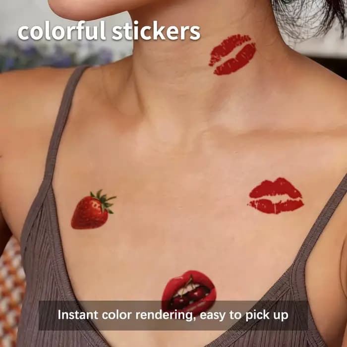 Autocollant de tatouage temporaire Cherry Kiss, longue durée et imperméable, lèvres fruitées, faux tatouages réalistes pour Couple, bras, poitrine