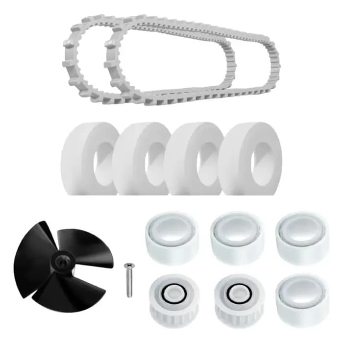 Kit de remplacement essentiel pour les robots nettoyeurs de piscine Dolphin, comprenant l'impeller 9995266, la courroie R1 9985006, la roue R2 6101611, ainsi que les pièces R4 et R6.